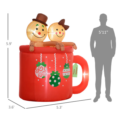 Outsunny 6FT Christmas Inflatable Couple Gingerbread Man in Hot Cocoa Mug, Giant Christmas Inflatables, Huge Blow Up Christmas Decorations with LED Lights for Indoor, Outdoor, Yard, Party