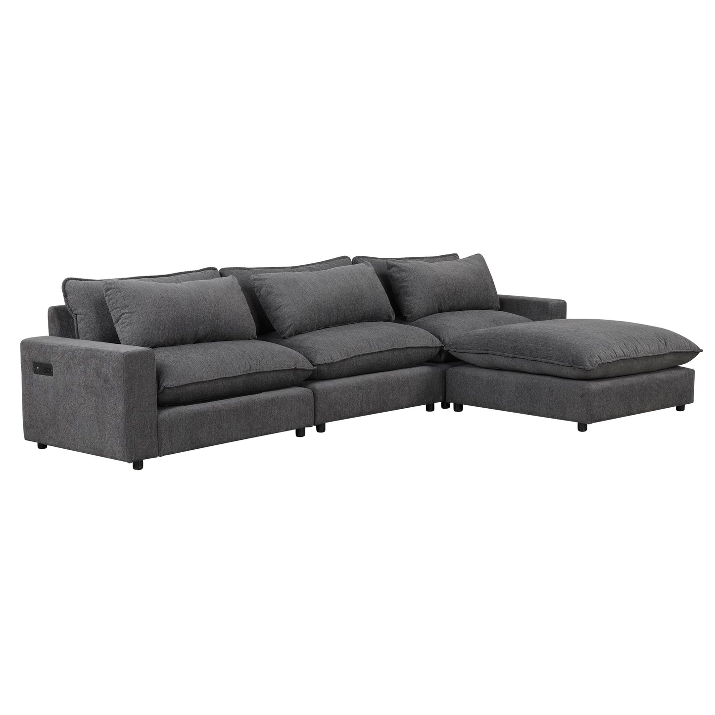 128" Sectional Sofa Cloud Sofa Chenille Upholstered Sofa  Couch with Movable Ottoman, Comfortable Seat Cushions, Charging Ports and Three Back Pillows for Living Room, Grey