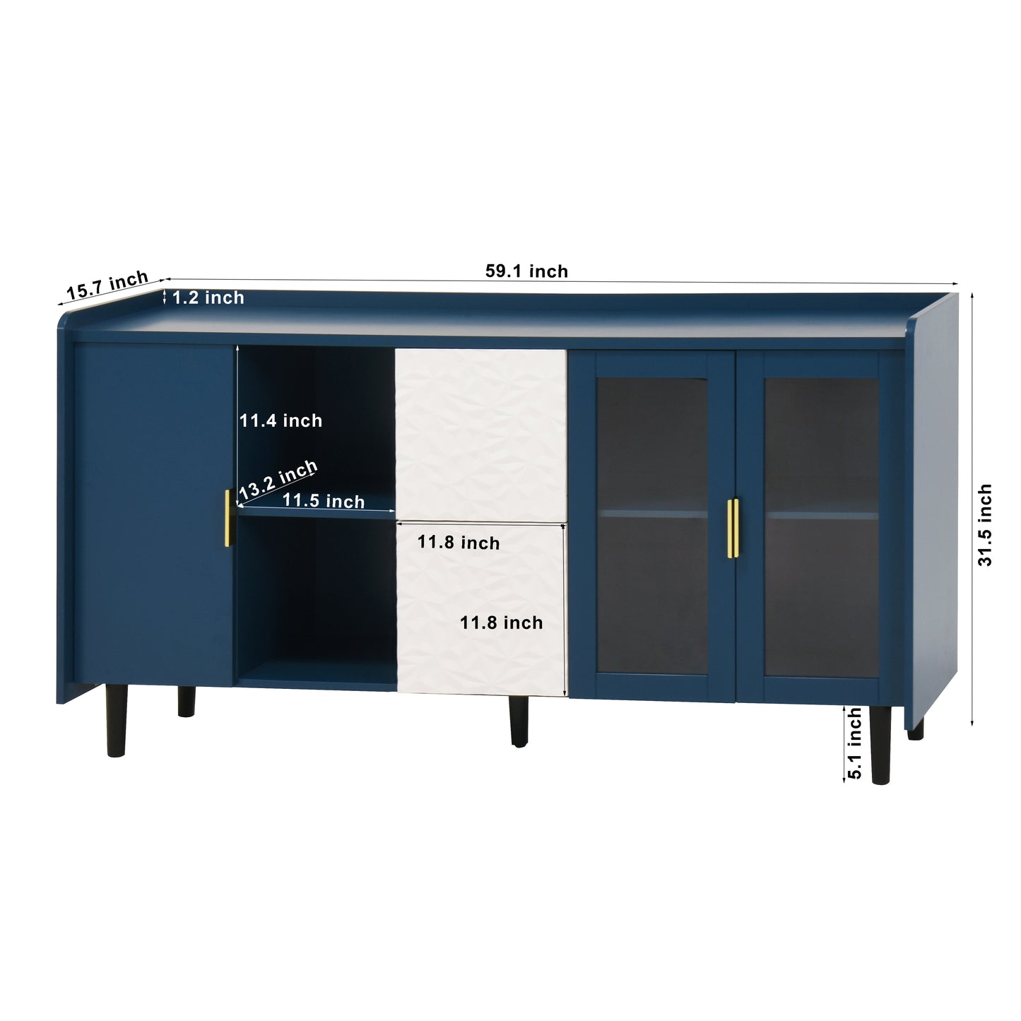 Modern Kitchen Pantry Storage Cabinet , 55" Coffee Bar Storage Cabinet with 2 Drawers, 2 Open Storage Compartment & 2 Glass Doors, Wood Buffet Table for Kitchen, Living Room, Blue