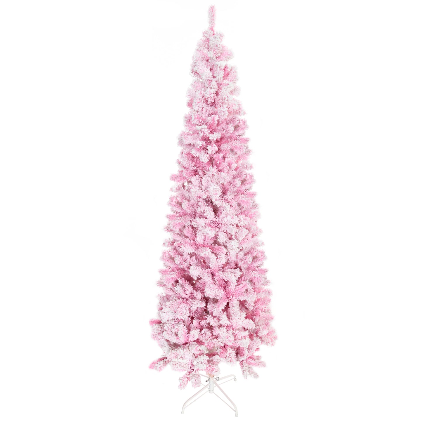 HOMCOM 7.5' Tall Unlit Snow Flocked Artificial Christmas Tree Slim Pencil Xmas Tree with Pine Shape and Realistic Branches, Pink