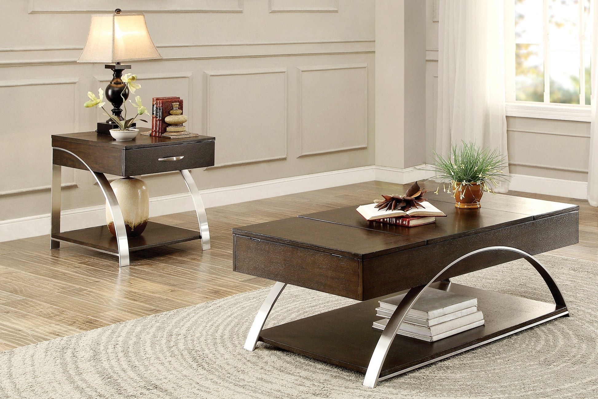 Modern Living Room Furniture 1pc Lift Top Coffee Table with Display Shelf Espresso Finish Wood Chrome Metal Finish Unique Style Cocktail Table