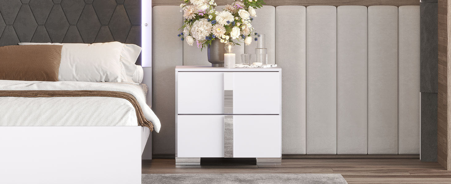 Elegant Nightstand with Metal Handle,Mirrored Bedside Table with 2 Drawers for Bedroom,Living Room,White