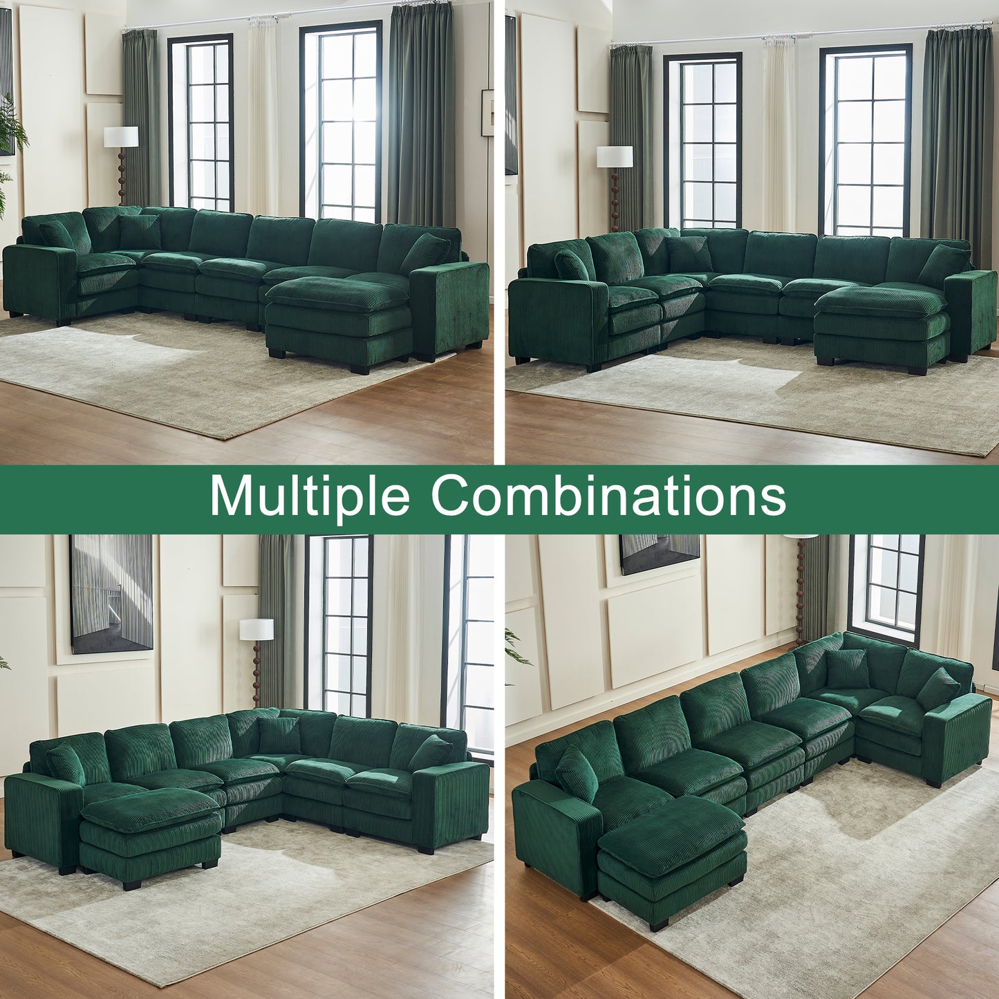 Modern U Shaped 6-seat Sectional Sofa Couch with one Ottoman and three toss pillows ,Modular Sofa for Living Room,Corduroy sofa