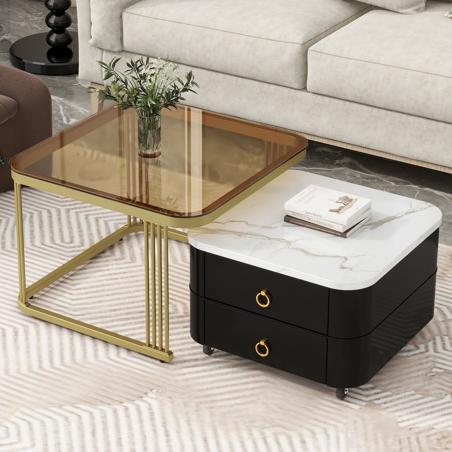 ON-TREND 2-in-1 Square Nesting Coffee Table with Wheels & Drawers, Stackable Side Table with High Gloss Marble Grain Top, End Table Set with Brown Tempered Glass for Living Room, Black