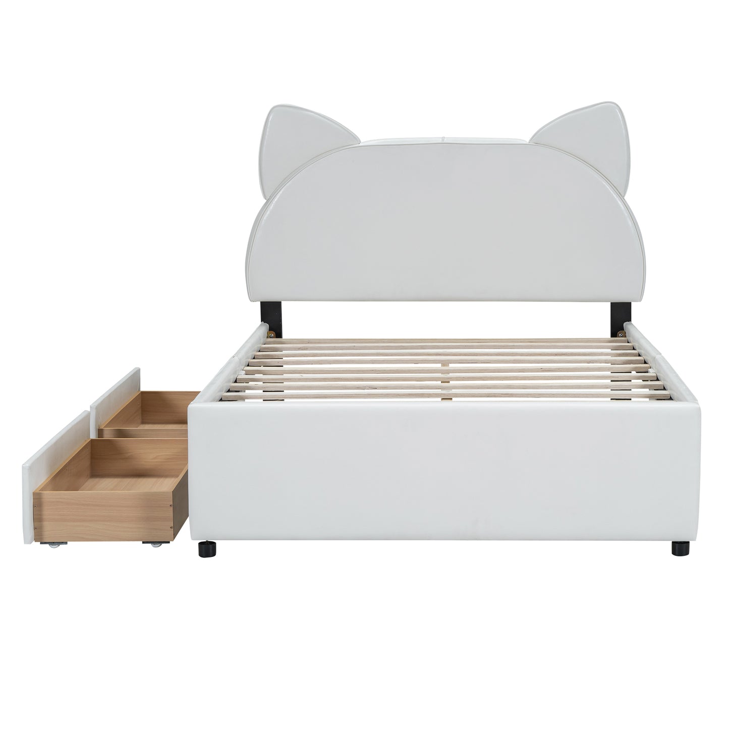 Full Size Upholstered Platform Bed with Cartoon Ears Shaped Headboard and 2 Drawers, White