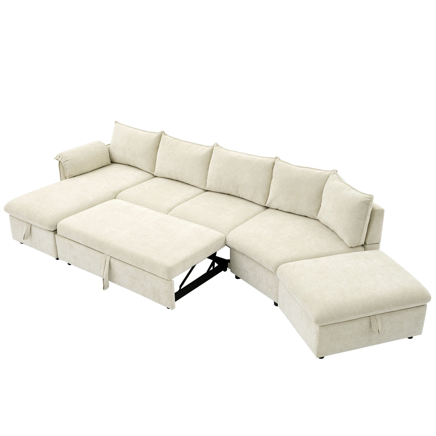 146.9" L-shaped Sofa Sectional Sofa Couch Pull-out Sofa Bed with a Movable Storage Ottoman, a Storage Chaise Lounge and Two USB Ports for Living Room, Beige