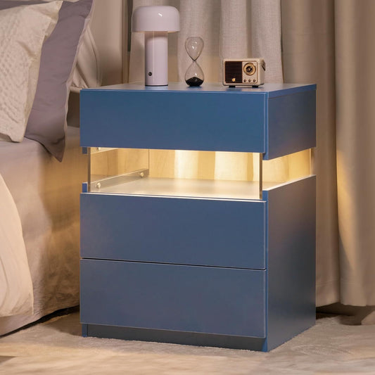 LED Nightstands Acrylic Board LED Bedside Tables for Bedroom End Table with 3 Drawer Dresser for Bedroom Living Room Bedside Furniture (Blue)