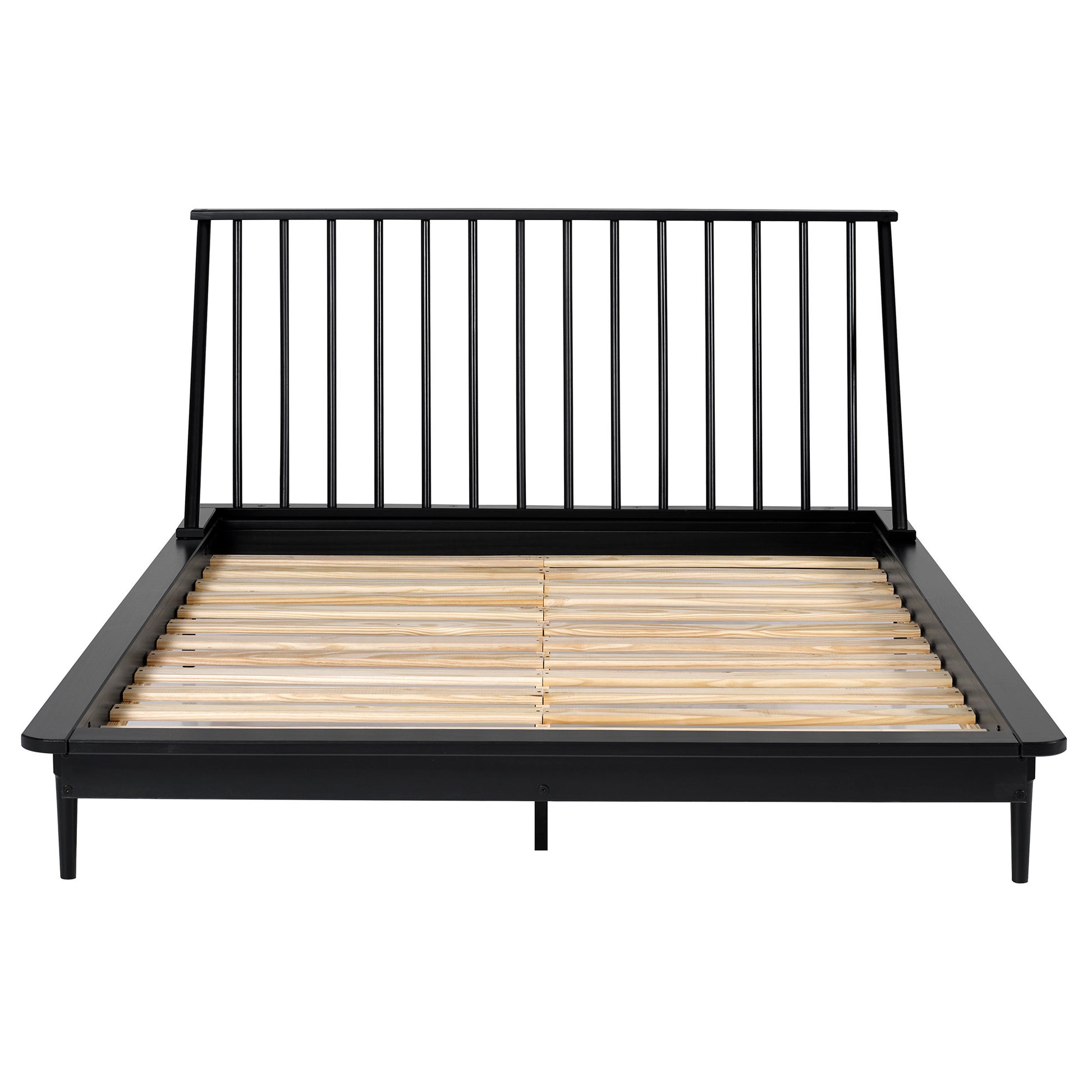 Mid-Century Modern Solid Wood Queen Platform Bed Frame with Spindle Headboard - Black