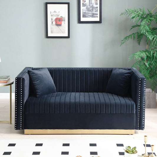 Contemporary Vertical Channel Tufted Velvet Sofa  Loveseat Modern Upholstered 2 Seater Couch for Living Room Apartment with 2 pillows,Black