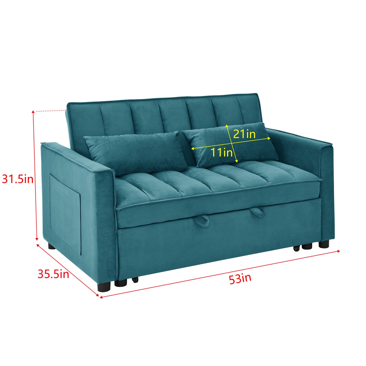 modern velvet loveseat sofa couch  pull out  bed,3 in one convertible for living room sofa bed,blue