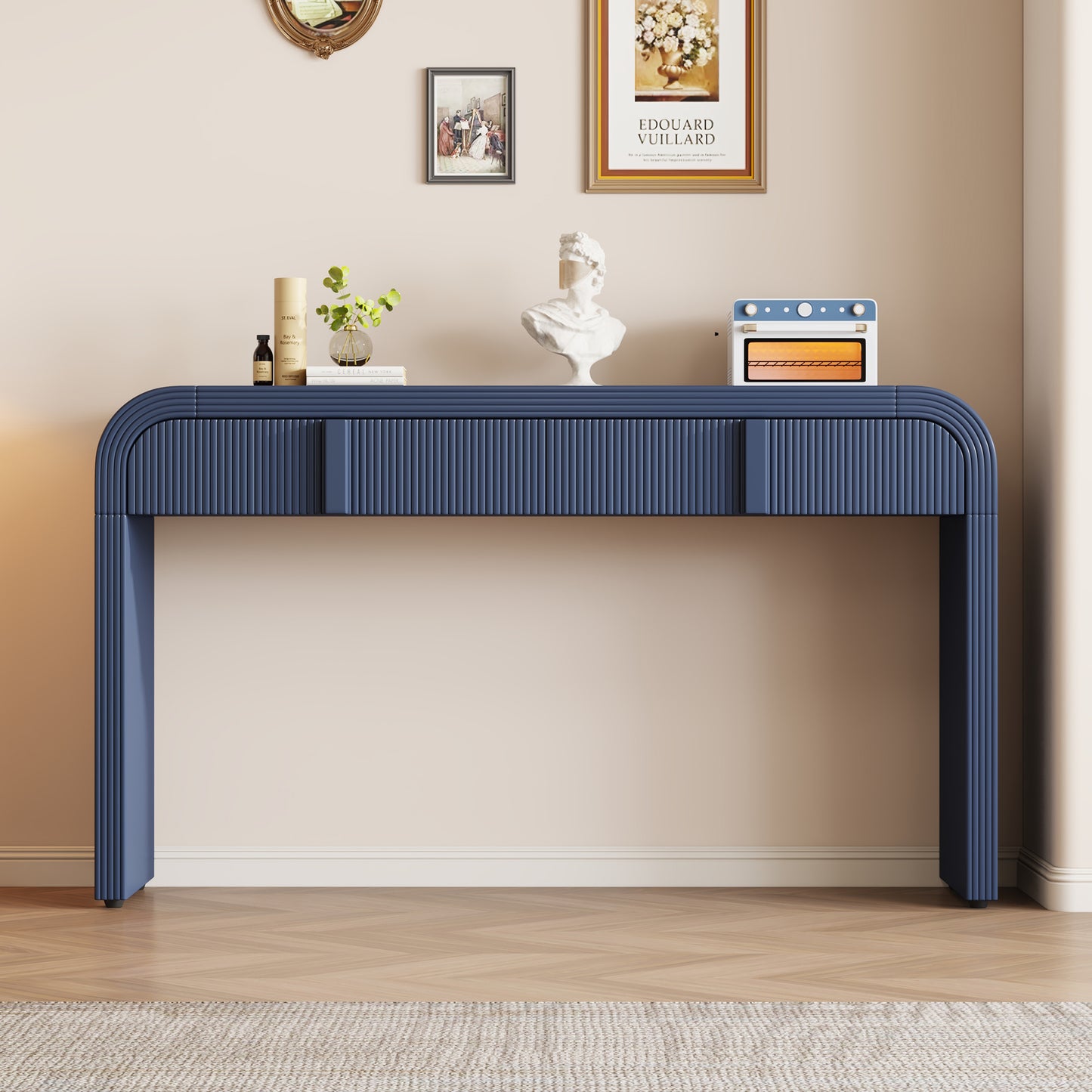 TREXM Unique Modern Rounded Silhouette and Smooth Surface Console Table with 2 Drawers for Living Room and Entryway(Navy Blue)