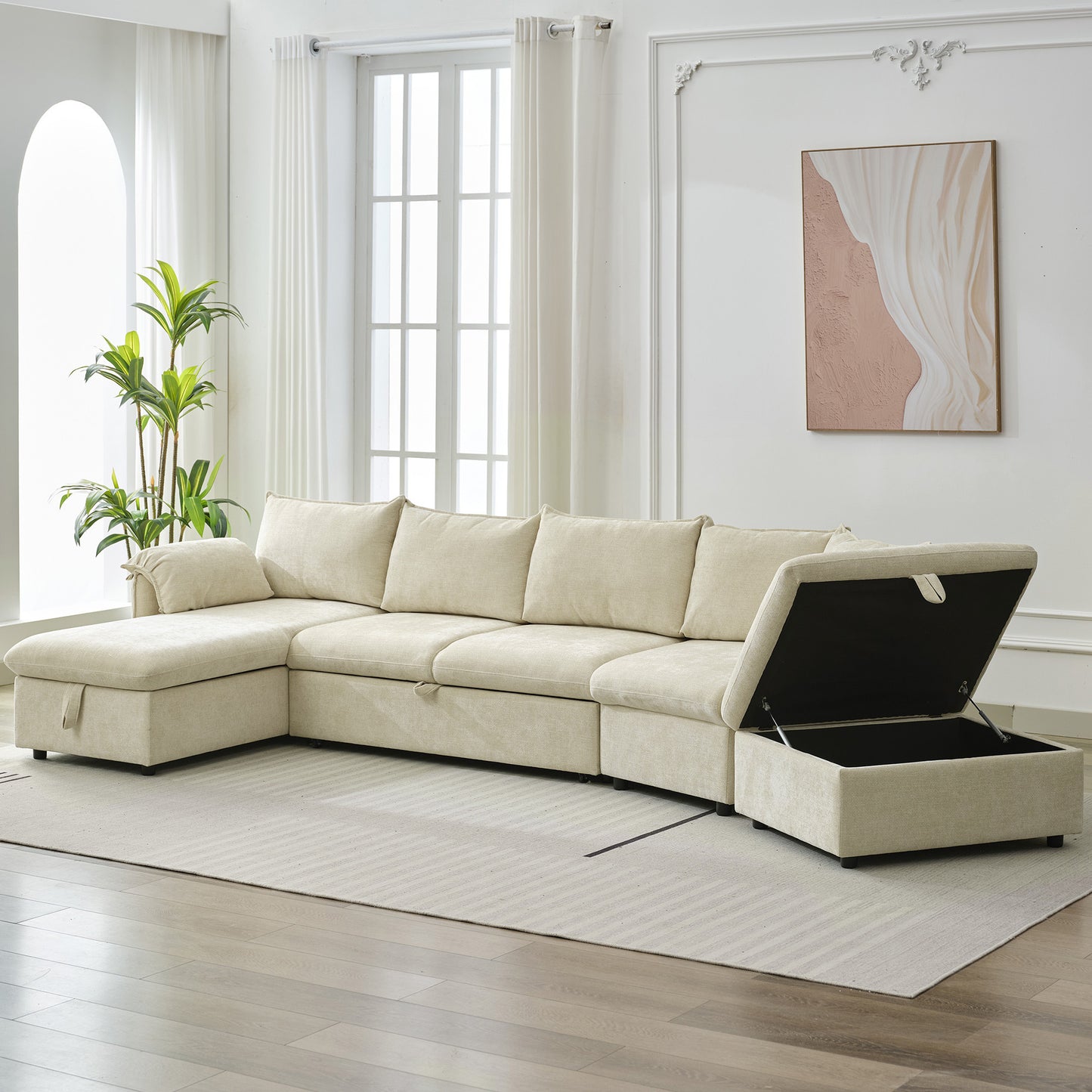 146.9" L-shaped Sofa Sectional Sofa Couch Pull-out Sofa Bed with a Movable Storage Ottoman, a Storage Chaise Lounge and Two USB Ports for Living Room, Beige