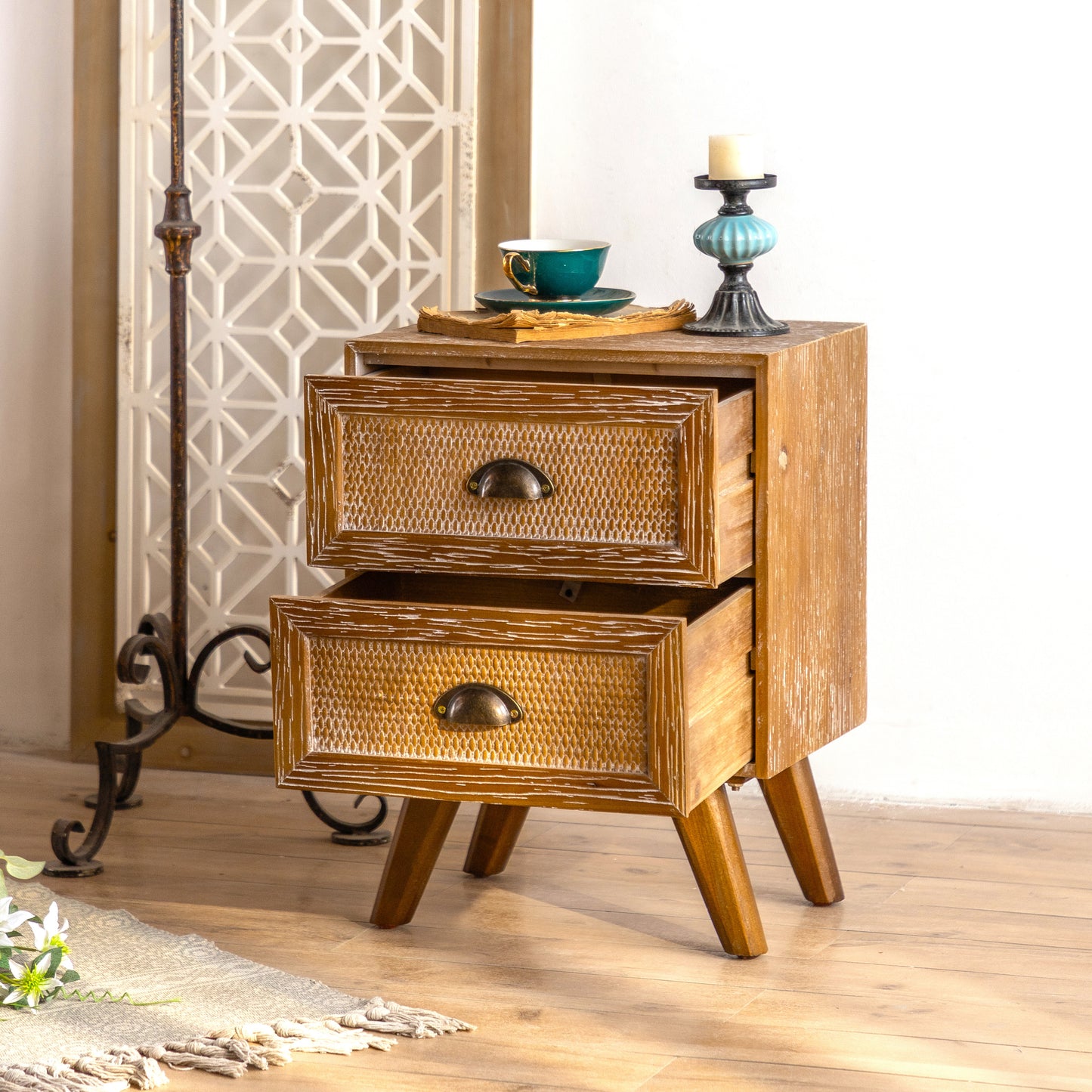 Rattan Side Table Nightstands, Farmhouse End Table with 2 Storage Rattan Drawers, Solid Bedside Tables for Bedroom Living Room Apartment