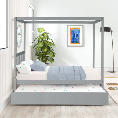 Full Size Canopy Bed with Twin Trundle, Kids Solid Wood Platform Bed Frame w/ Headboard, No Box Spring Needed Grey Color