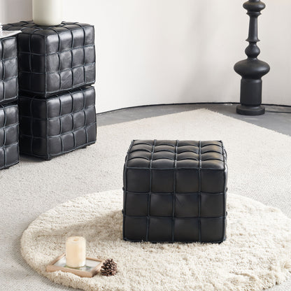 17.32''W Genuine Leather Tufted Ottoman,Footstool for Living Room & Bedroom,Black Color