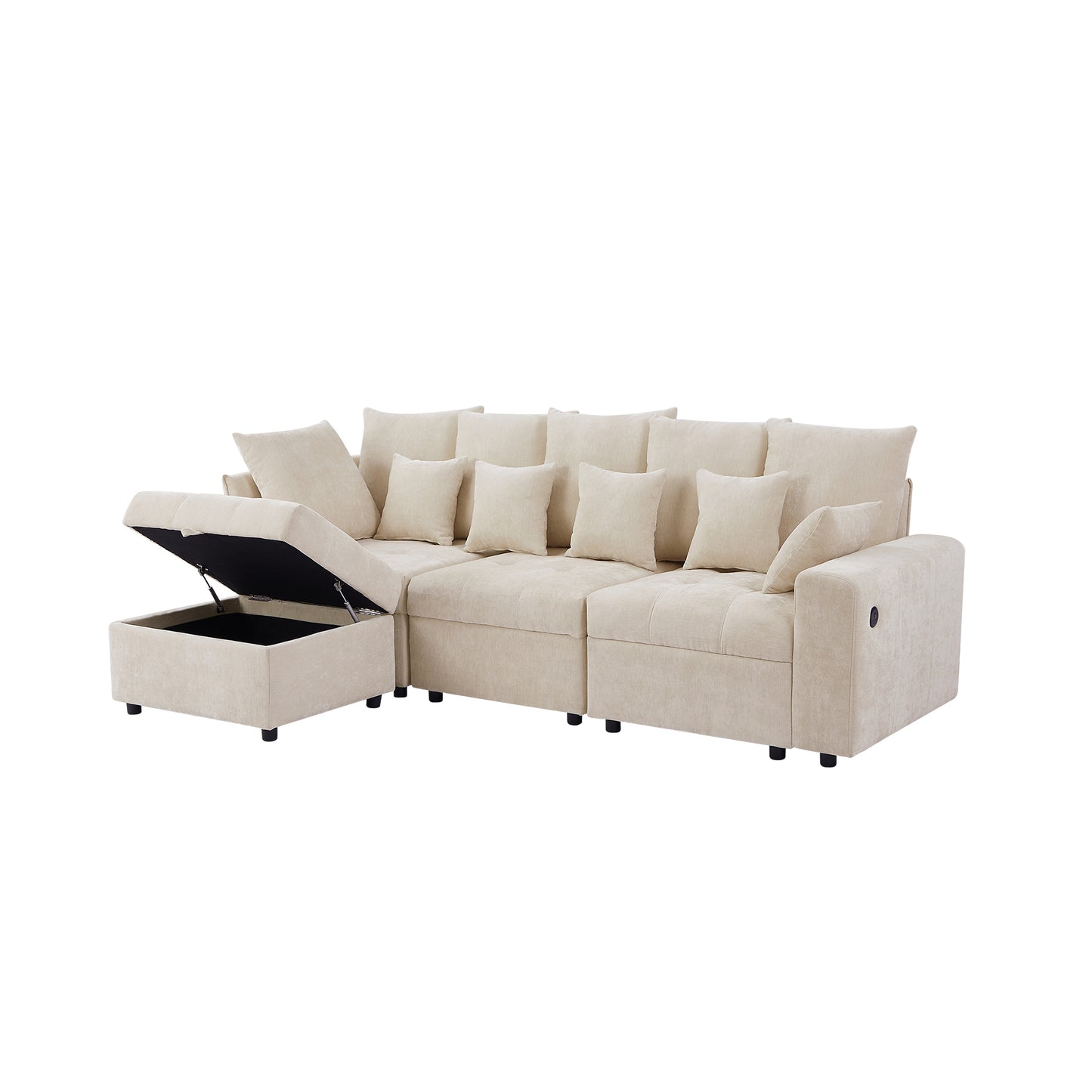 96.45"Sectional sofa Modular Sofa Couch with Three USB Ports, a Removable Storage Ottoman and Five Back Pillows for Living Room, Beige