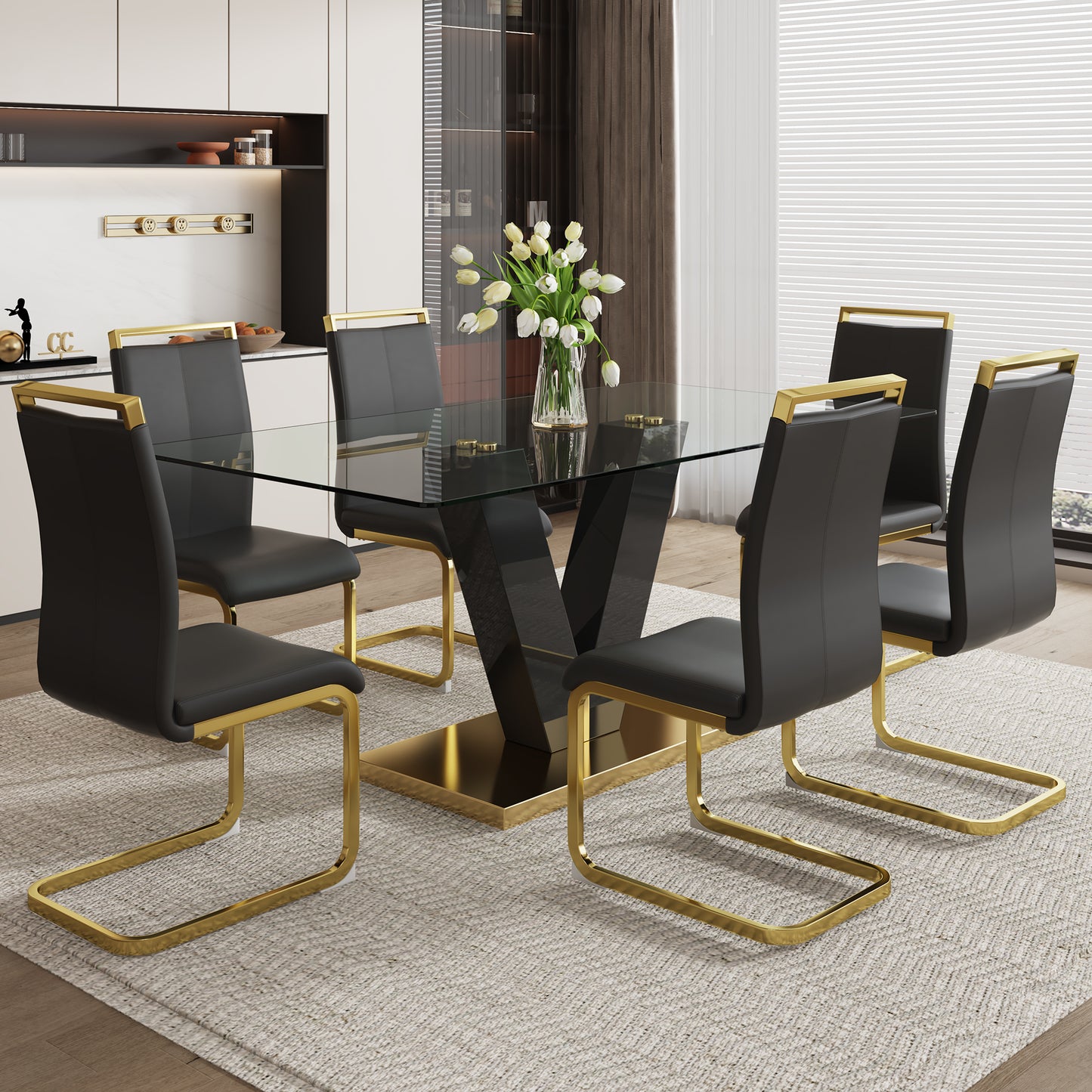 Table and chair set.Subtle Luxury Clear Tempered Glass Dining Set - 71"x35.4" with 6 Black PU Chairs.C-tube Gold Metal Chair Legs.Bring a comfortable home experience to the kitchen, bedroom.