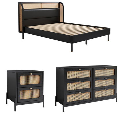 Yara Black 4 Pieces Modern Cannage Rattan Platform Queen Bed + Nightstands (2) + Dresser Set