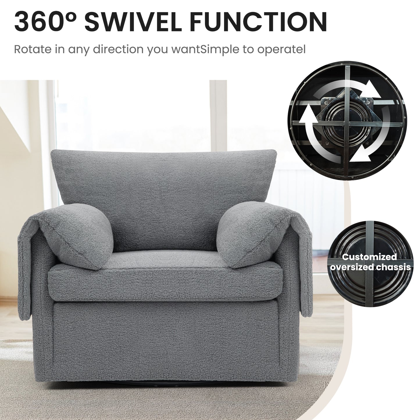 Oversized Swivel Armchair - Modern Swivel Accent Chair & Single Sofa Lounge,Comfortable Seating for Living Room & Bedroom