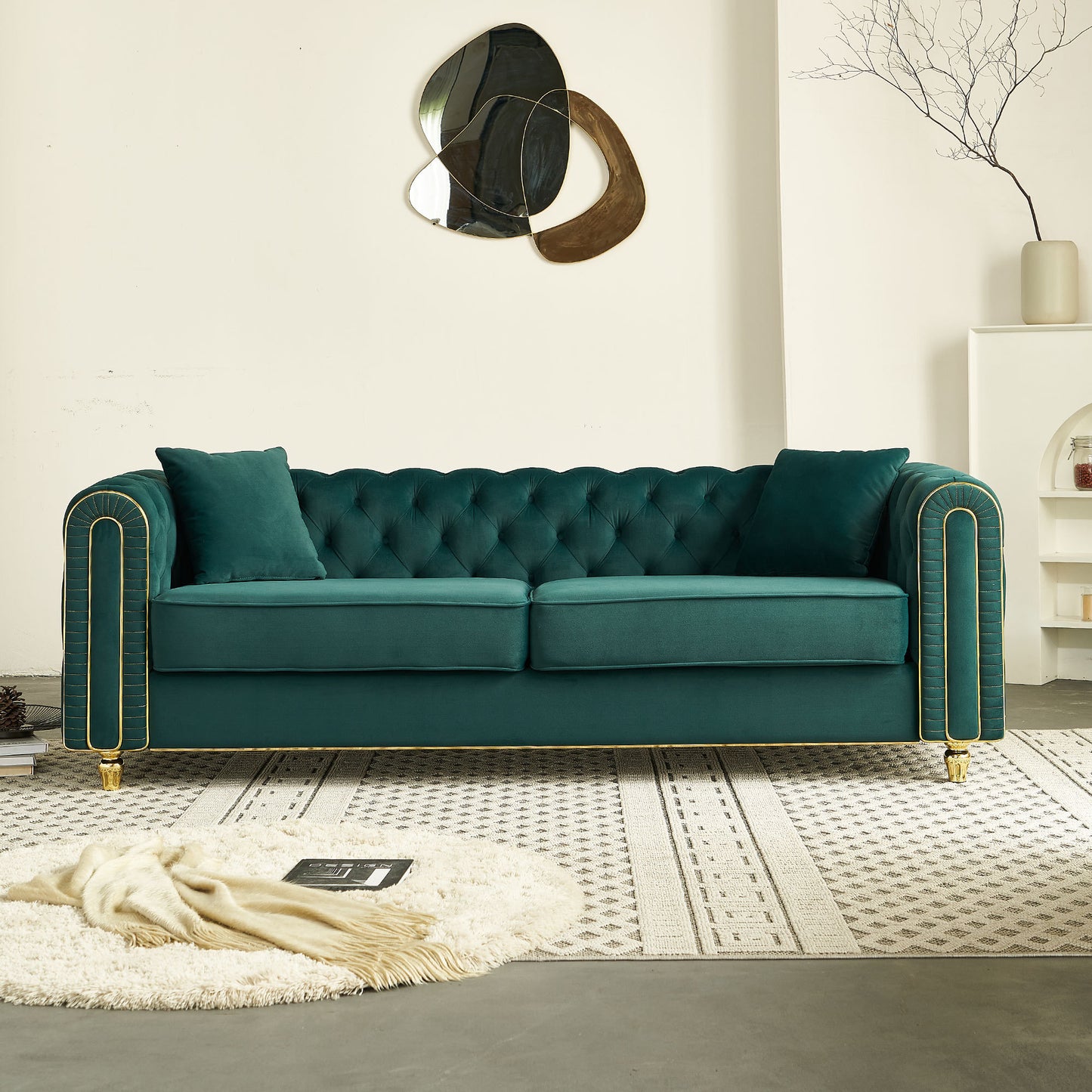 86'' W Luxury Modern Tufted Sofa with 2pcs of toss pillows for Living Room ,Bedroom,Green Color