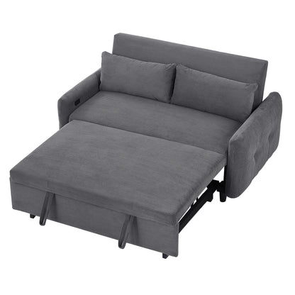 57.48" Pull-out Sofa Bed Convertible Couch 2 Seat Loveseat Sofa Modern Sleeper Sofa with Two Throw Pillows and USB Ports for Living Room, Dark Grey