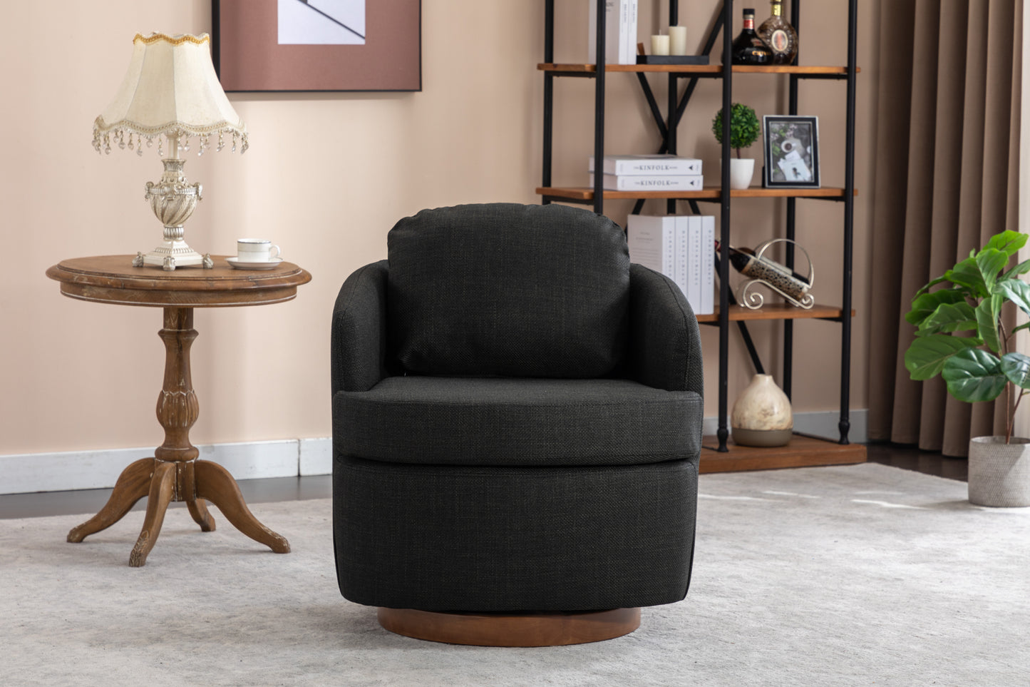 035-Linen Fabric Swivel Accent Chair With Soild Wood Round Brown Base Leg,Dark Gray