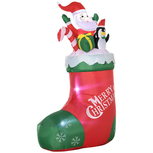 Outsunny 5ft Christmas Inflatables Outdoor Decorations Santa and Penguin Standing in Sock with Candy Cane Gift Box, Blow-Up LED Yard Christmas Decor for Lawn Garden Party