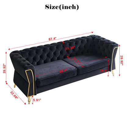 Modern Tufted Velvet Sofa 87.4 inch for Living Room Black Color