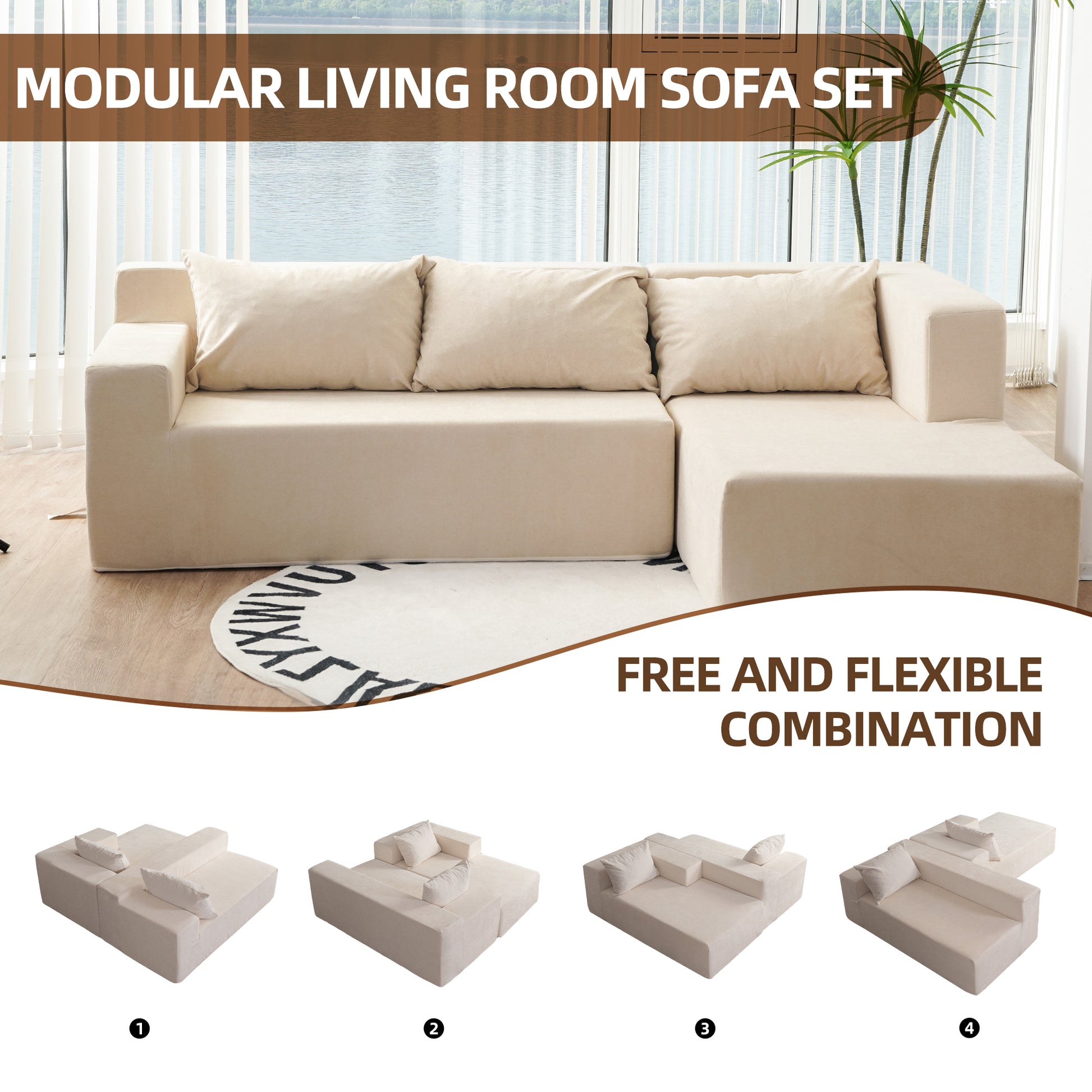 (Video)Compressed Modern Modular Sectional Sofa, L-Shaped Couch Minimalist 2 Pieces Cloud Couch foam Sofa with Pillows for Living Room Apartment, No Assembly Required