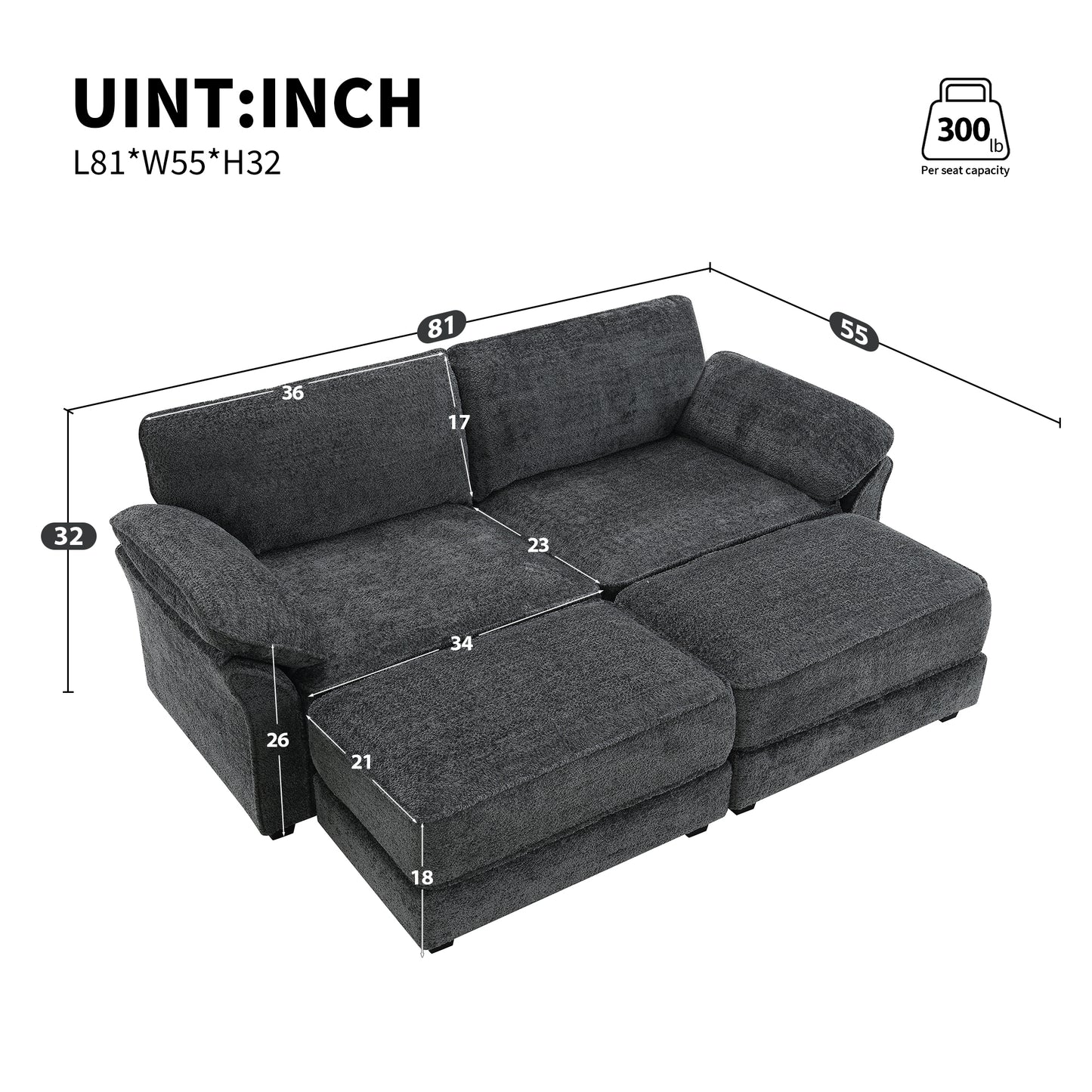 Free Combination Modular Convertible Sectional Sofa Bed Set, 4 Seat Upholstered Sleeper Corner Couch, Deep-Seat Loveseat with Ottoman for Living Room, Office, Apartment,2 Colors