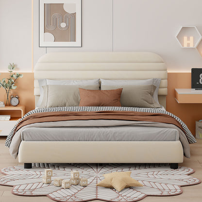 Queen Size Velvet Upholstered Platform Bed,Solid Frame and Stylish Curve-shaped Design, Beige