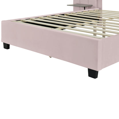 Queen Size Upholstered Platform Bed with Big Headboard, Bedroom Furniture, Velvet, Pink