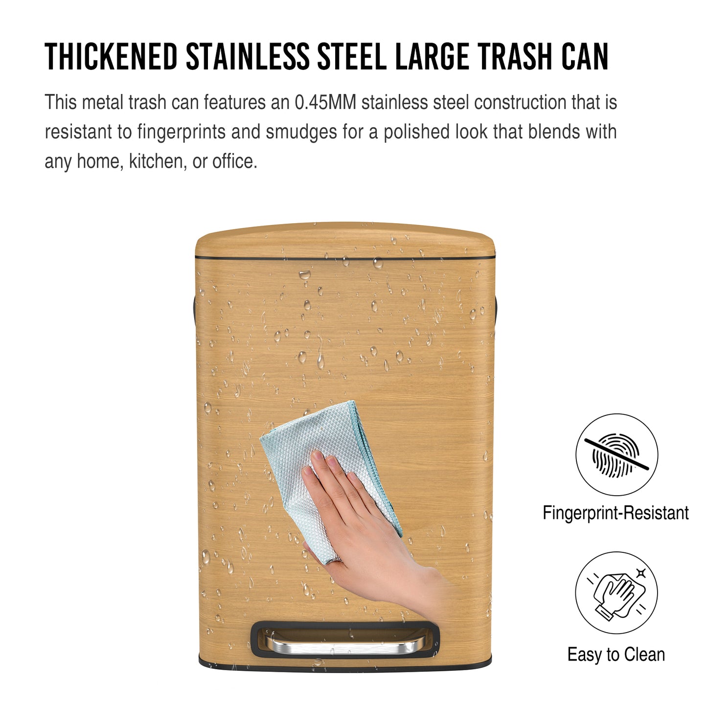 Curved Surface 13 Gallon 50L Kitchen Foot Pedal Operated Soft Close Trash Can - Stainless Steel Rectangular Bustbin with 30 Garbage Bags -Wood Texture