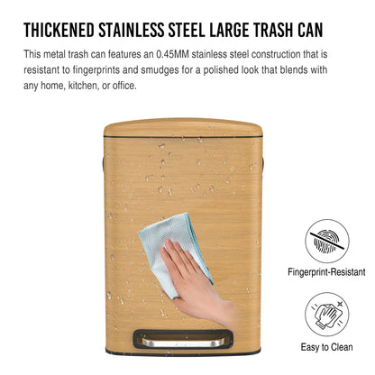 Curved Surface 13 Gallon 50L Kitchen Foot Pedal Operated Soft Close Trash Can - Stainless Steel Rectangular Bustbin with 30 Garbage Bags -Wood Texture