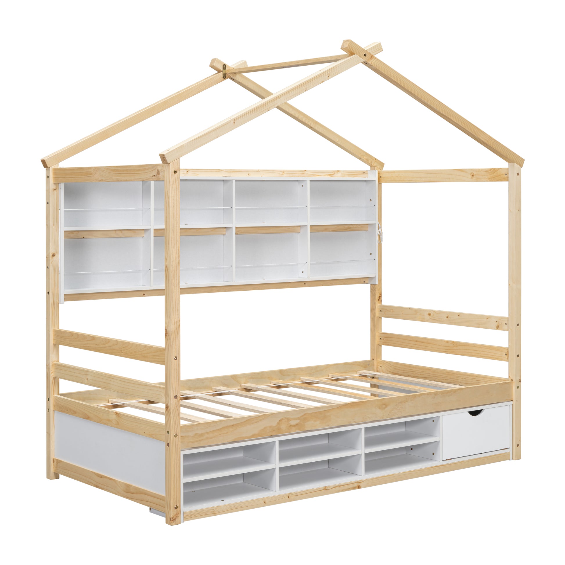 Twin House Bed with Roof Frame, Bedside-shelves, Under Bed Storage Unit,Natural