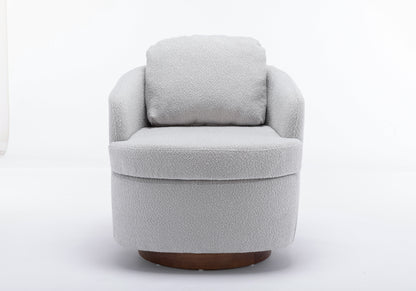 035-Boucle Fabric Swivel Accent Chair With Soild Wood Round Brown Base Leg,Light Gray