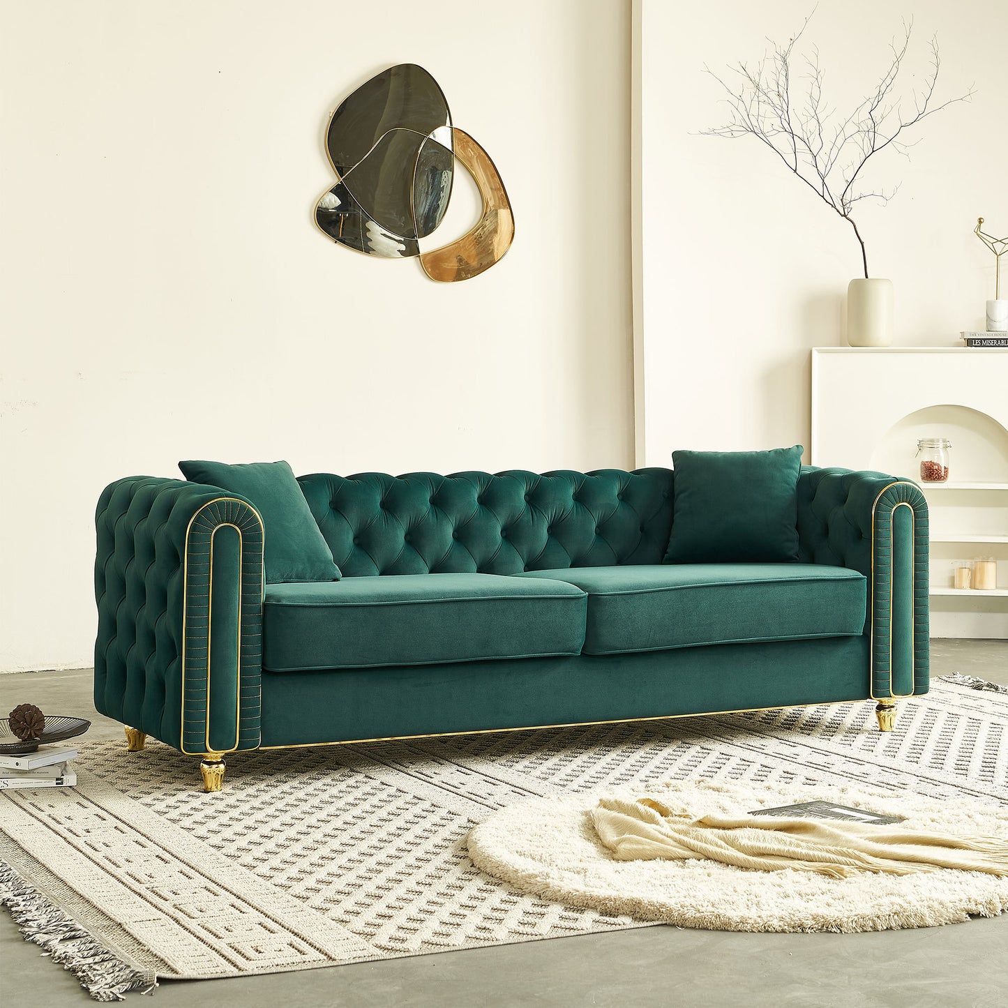 86'' W Luxury Modern Tufted Sofa with 2pcs of toss pillows for Living Room ,Bedroom,Green Color