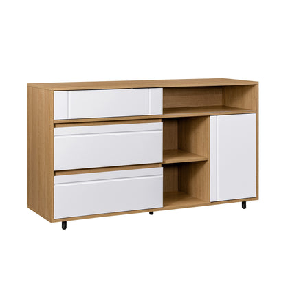 Contemporary Detailed-Door Sideboard with Open Storage – Coastal Oak / Solid White