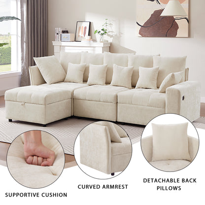 96.45"Sectional sofa Modular Sofa Couch with Three USB Ports, a Removable Storage Ottoman and Five Back Pillows for Living Room, Beige