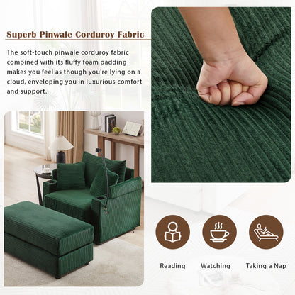 41.7" Modern Style Single Sofa Sofa Couch with Storage Space, A Movable Ottoman, Two USB Ports, Two Cup Holders, A Phone Holder for Living Room, Green