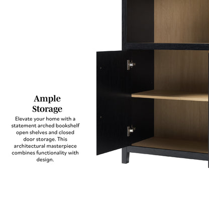 Modern 3 Shelf Open Arched Bookcase Cabinet Oak/Black