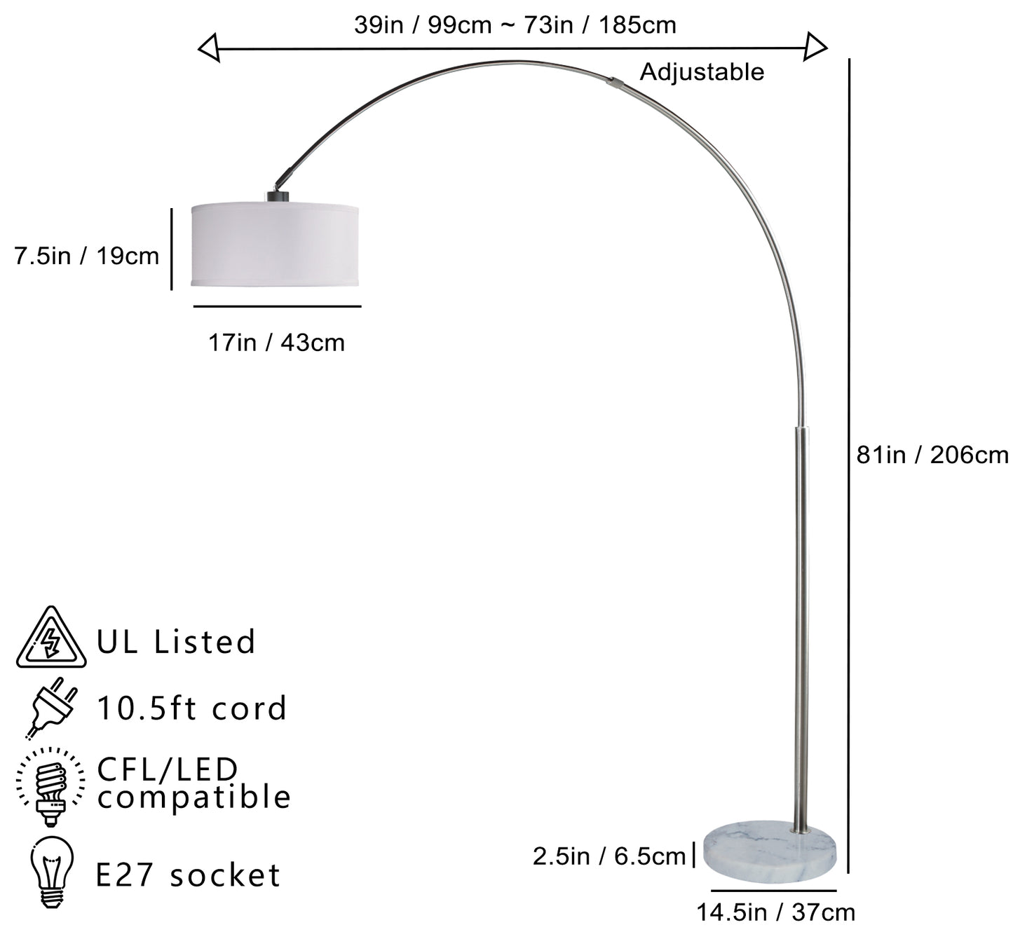 81"H WHITE SINGLE ARCH WITH MARBLE BASE FLOOR LAMP (1PC/CTN) (2.75/46.20)