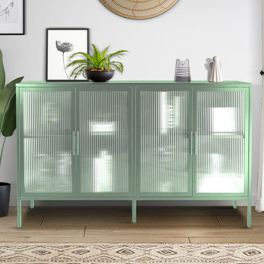 Stylish 4-Door Tempered Glass Cabinet with 4 Glass Doors Adjustable Shelf and Feet Anti-Tip Dust-free Fluted Glass Kitchen Credenza Light Green