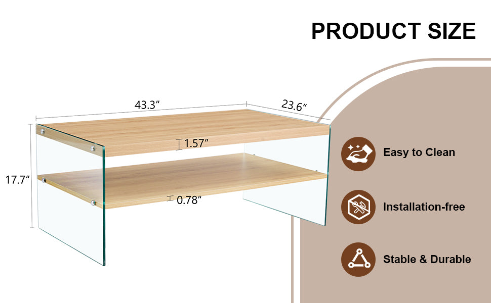 Double layered rectangular coffee table.The board is made of MDF with wooden stickers, with transparent tempered glass on both side.Suitable for various occasions such as living rooms and bedrooms.