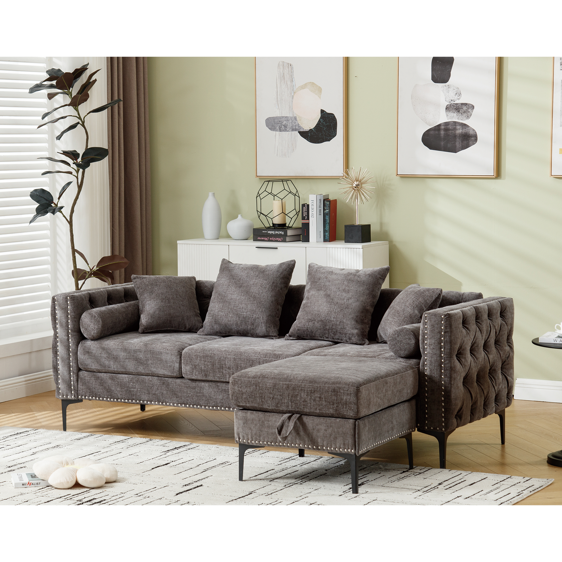 [NEW ARRIVED] [VIDEO PROVIDED]L Shaped Sectional Sofa , Convertible Storage Ottoman,Chenille ,Square Arm,  Modern Tufted Couch ,3 Seater, And Nailhead, Dark gray