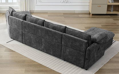 146.9" L-shaped Sofa Sectional Sofa Couch Pull-out Sofa Bed with a Movable Storage Ottoman, a Storage Chaise Lounge and Two USB Ports for Living Room, Grey