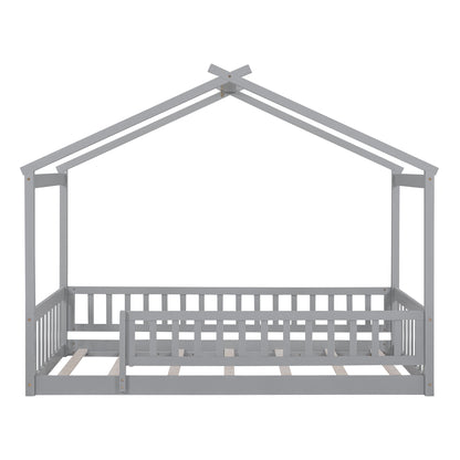 Twin Size Wood Bed House Bed Frame with Fence, for Kids, Teens, Girls, Boys, Gray