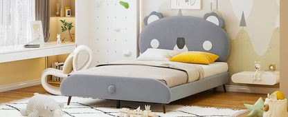 Full Size Upholstered Platform Bed with Koala-Shaped Headboard, Gray