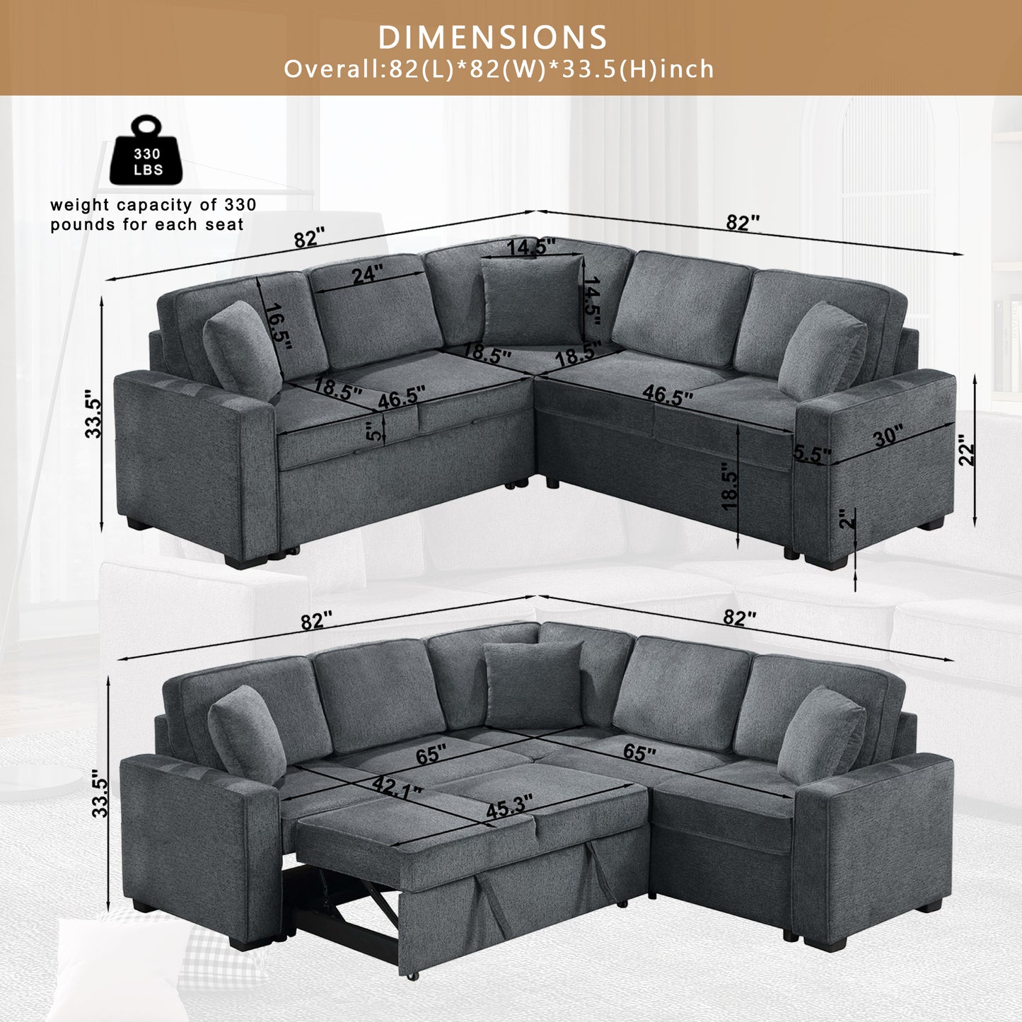 Modular Sofa, Sectional Couch L Shaped Sofa Couch with Pullout Sleeper, 5 Seat Chenille Corner Sofa for Living Room, 3 Pillows Included, Dark Gray