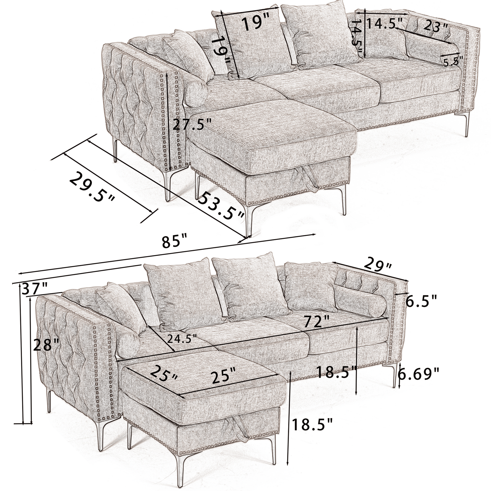 [NEW ARRIVED] [VIDEO PROVIDED]L Shaped Sectional Sofa , Convertible Storage Ottoman,Chenille ,Square Arm,  Modern Tufted Couch ,3 Seater, And Nailhead, Dark gray